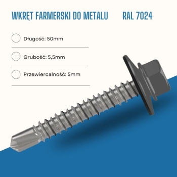 Wkręt farmerski do metalu 5,5X50 mm przewiercalność 5 mm w kolorze RAL 7024